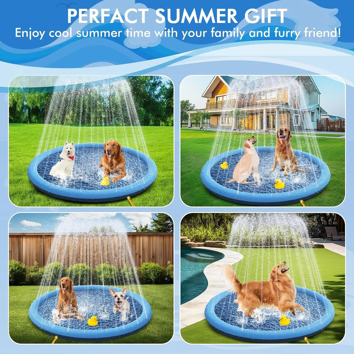 Splash Pad for Dogs Kids Outdoor Water Play Mat Sprinkler Toy Non-Slip Dog Pool Summer Backyard Fun Durable Pet Water Mat