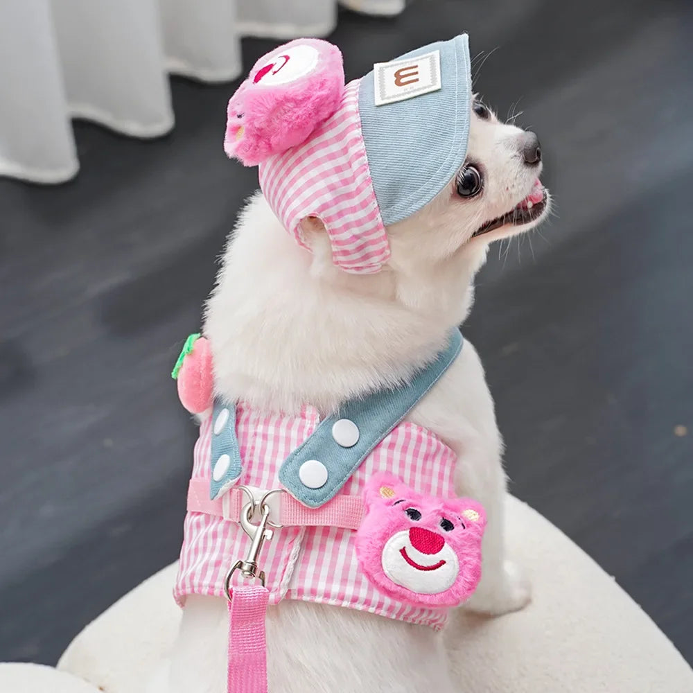 Cartoon Pet Harness Leash Sun Hat Set Cute Kitten Puppy Costume Cat Small Dogs Vest Harness Rope Cap 3pcs Outdoor Pet Supplies