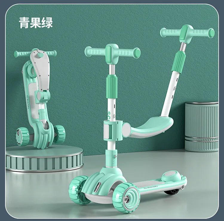 Children's Scooter Can Sit, Ride and Slide Three-in-One Foldable Scooter for Boys and Girls Kick Foot Scooter