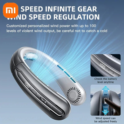 Xiaomi Portable Mini Hanging Neck Fan Digital Display Power Bladeless Fan Neckband Air Cooler USB Rechargeable Fan Cooling Tool