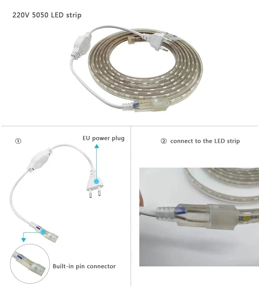 Led Strip Lights 220V Waterproof 1M 2M 3M 5M 10M 20M White Led Tape 220 Volt Red Green Blue Led Lighting 5050 Smd 60Leds/M Diode