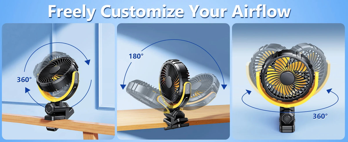 Eary Portable Car Clip On Fan Battery Operated 3 Speed Wind 900 Rotate Quiet Small Air Cooling Fan For Desk Camping Stroller Fan