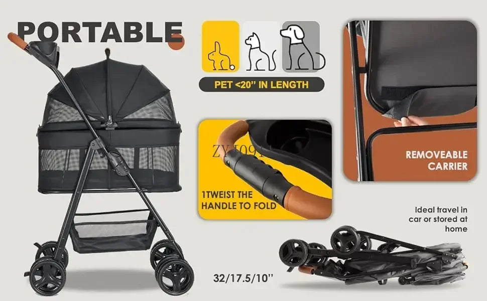 Folding 3-in-1 Dog Stroller with Removable Travel Carrier