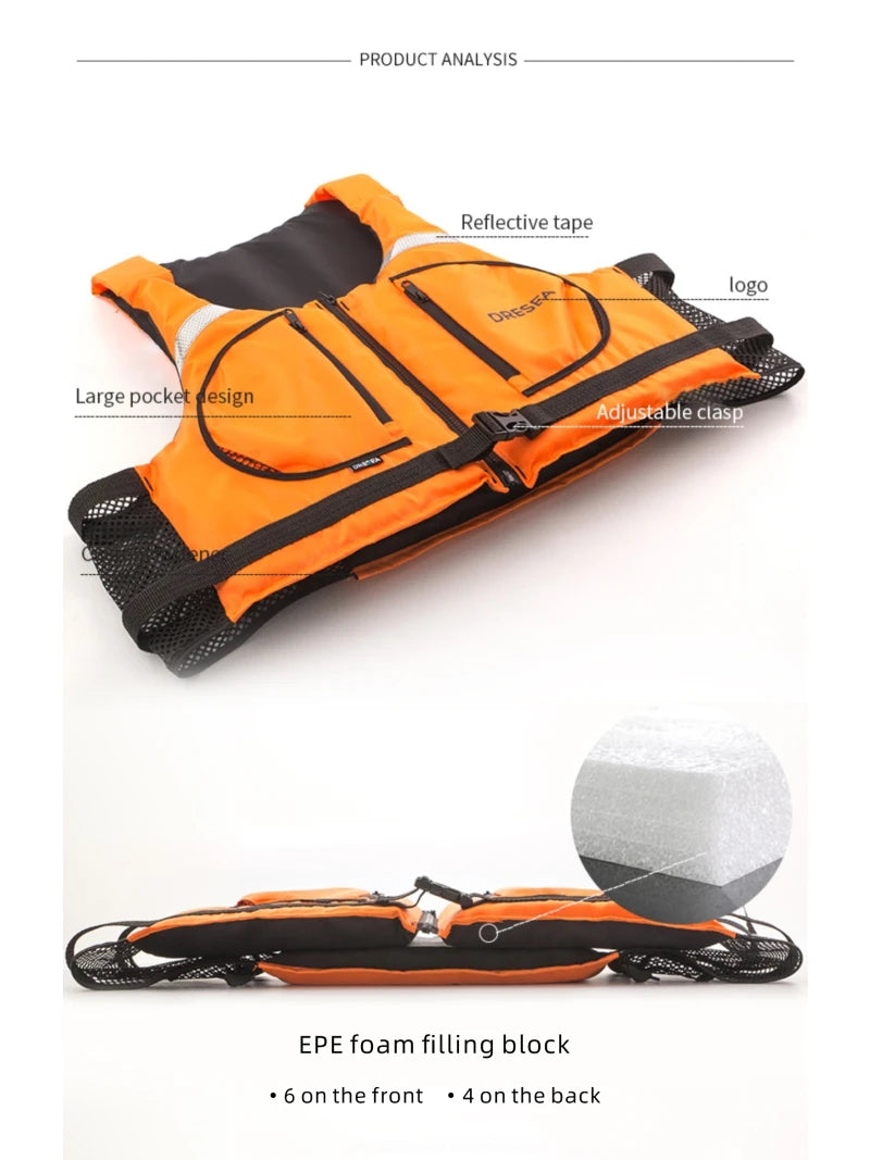 Kayak Life Vest for Men, Zippered Pockets, Reflector Whistle, Fishing Jacket, Buoyancy Aids for Adults, 120 kg