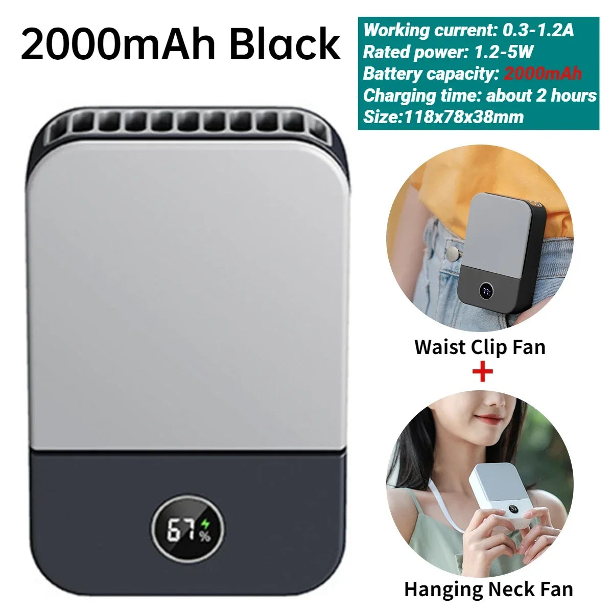 Portable USB Rechargeable 3 Speed Mute Personal  Waist Clip on  Summer Air Cooler Mini Digital Display Hanging Neck Fan