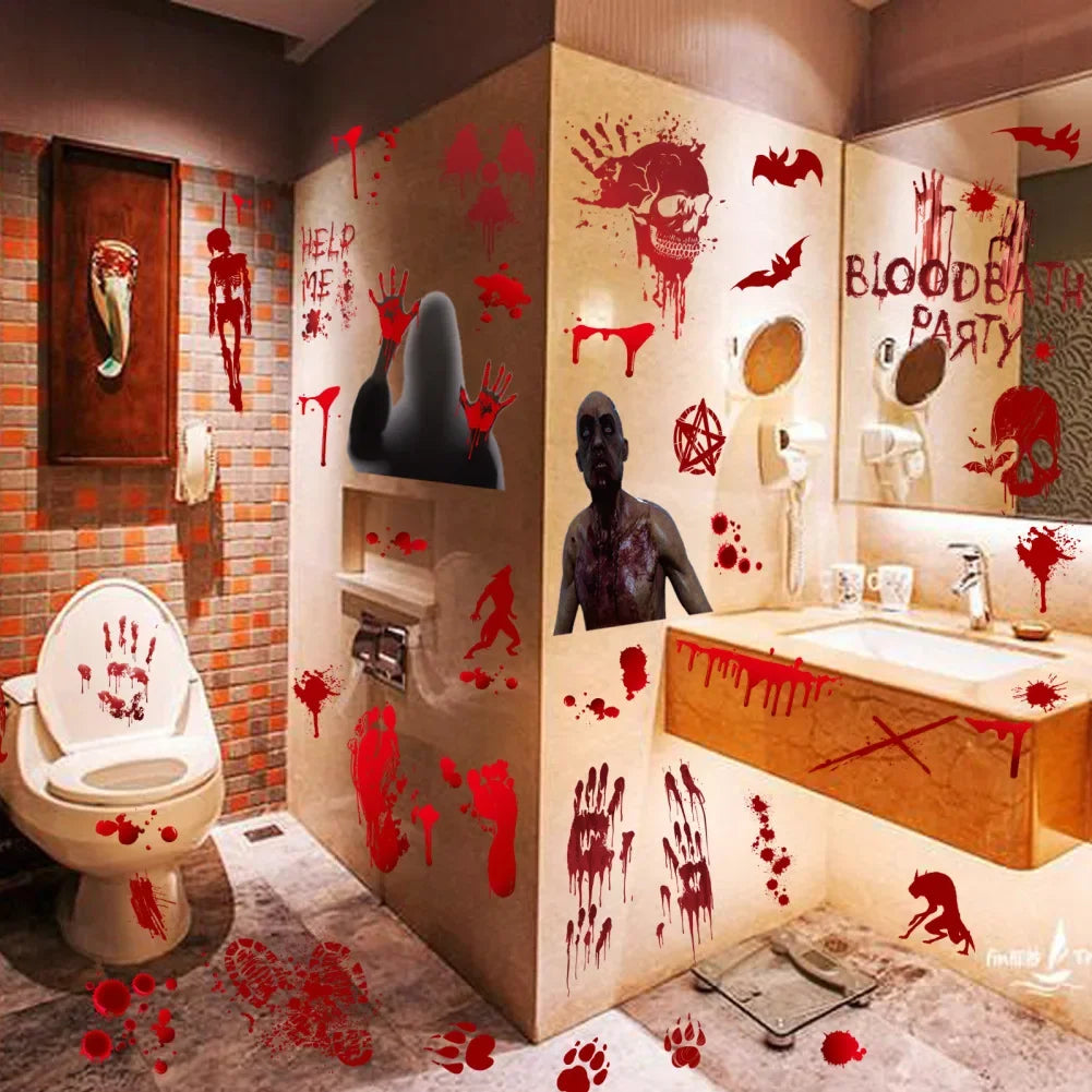 9 Sheets Halloween Decorations Window Stickers Reusable Bloody Handprint Footprint Horror Sticker Scary Realistic Tattoo Sticker