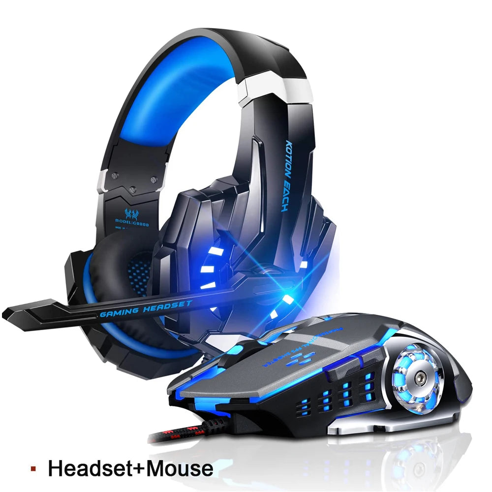 Kotion EACH G9000 Gaming Headset Deep Bass Stereo Game Headphone with Microphone LED Light for PC Laptop+Gaming Mouse+Mice Pad