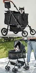 Folding 3-in-1 Dog Stroller with Removable Travel Carrier