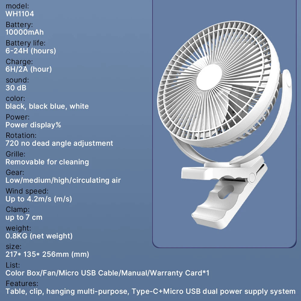5inch/8inch Rechargeable Battery Operated Clip on Fan, USB & Type-C Charging, 4 Speeds Adjustable Portable Desktop Fan