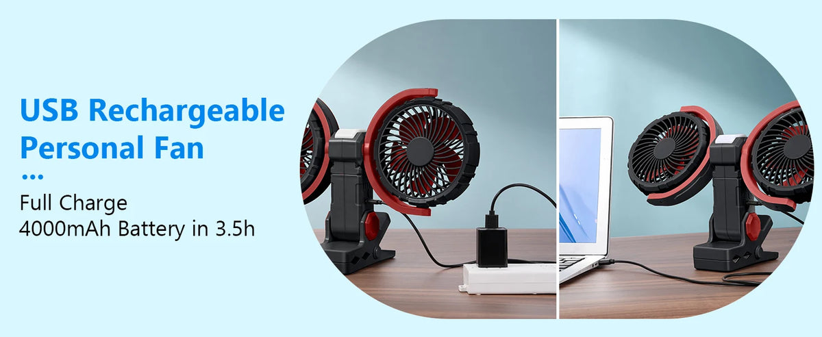 Eary Summer Clip Dual Head Fan 4000mAh 3 Wind Speeds 2 Light Modes USB Rechargeable With 360° Rotatable Desktop Air Cooling Fan