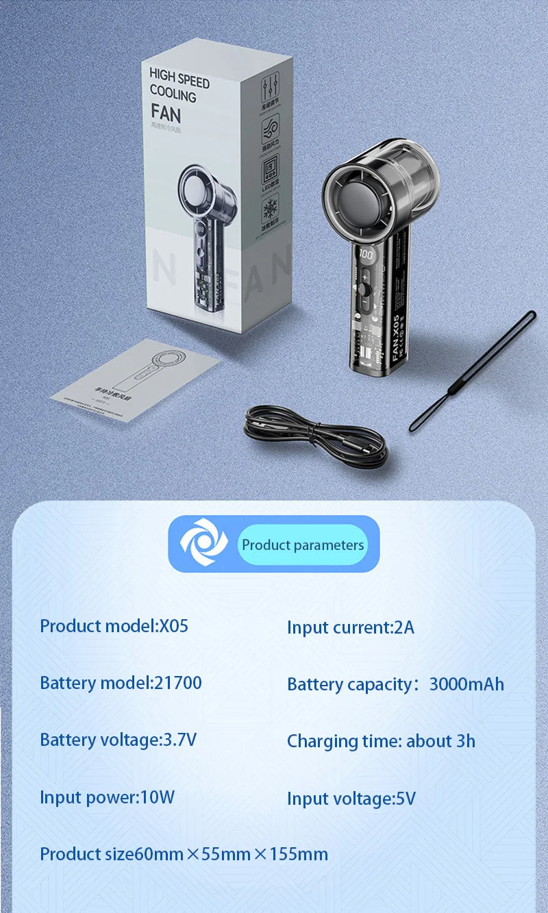 Fan X05 Mecha 100-speed Fan USB 20000RPM Violent Turbine Fan Handheld Refrigeration Ice Compress Fan Camping Travel