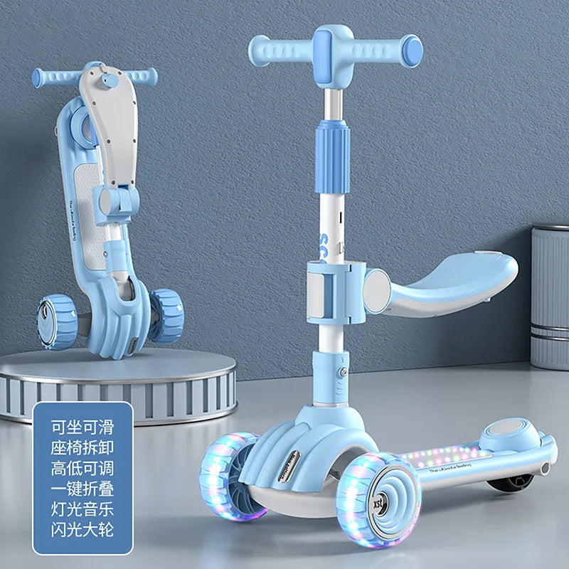 Children's Scooter Can Sit, Ride and Slide Three-in-One Foldable Scooter for Boys and Girls Kick Foot Scooter