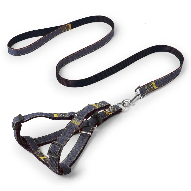 Dog Leash Harness Adjustable Collar Set Denim Pet Lead Vest for Small Medium Large Dogs Pet Cat Lead for Walking Training