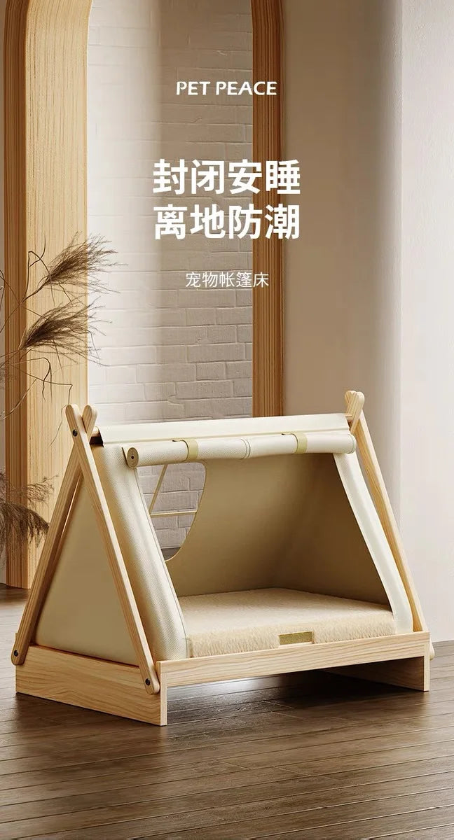 Wooden Oxford Cloth Dog Bed  Elevated Moisture-Proof Tent Enclosed Safety House  All-Season  Dog Shelter with Frame Support