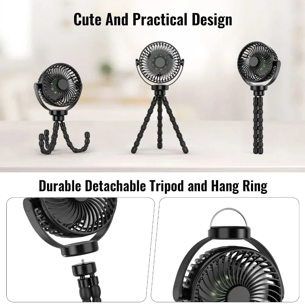 Portable USB Rechargeable Fan with Tripod Clip, Mini Stroller Fan for Baby,Summer Air Cooler,Handheld Hanging Desk,for Camping