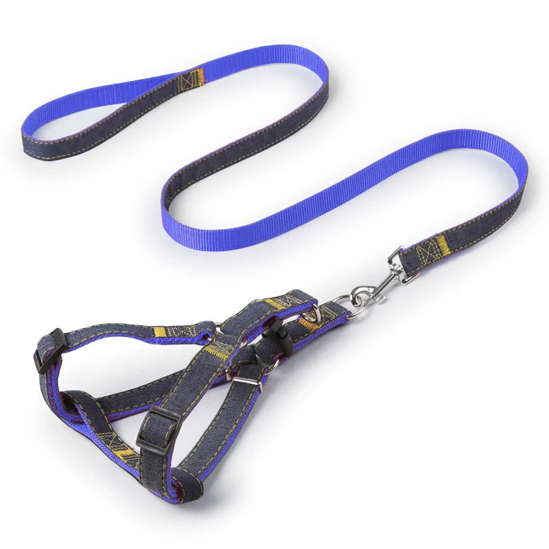 Dog Leash Harness Adjustable Collar Set Denim Pet Lead Vest for Small Medium Large Dogs Pet Cat Lead for Walking Training