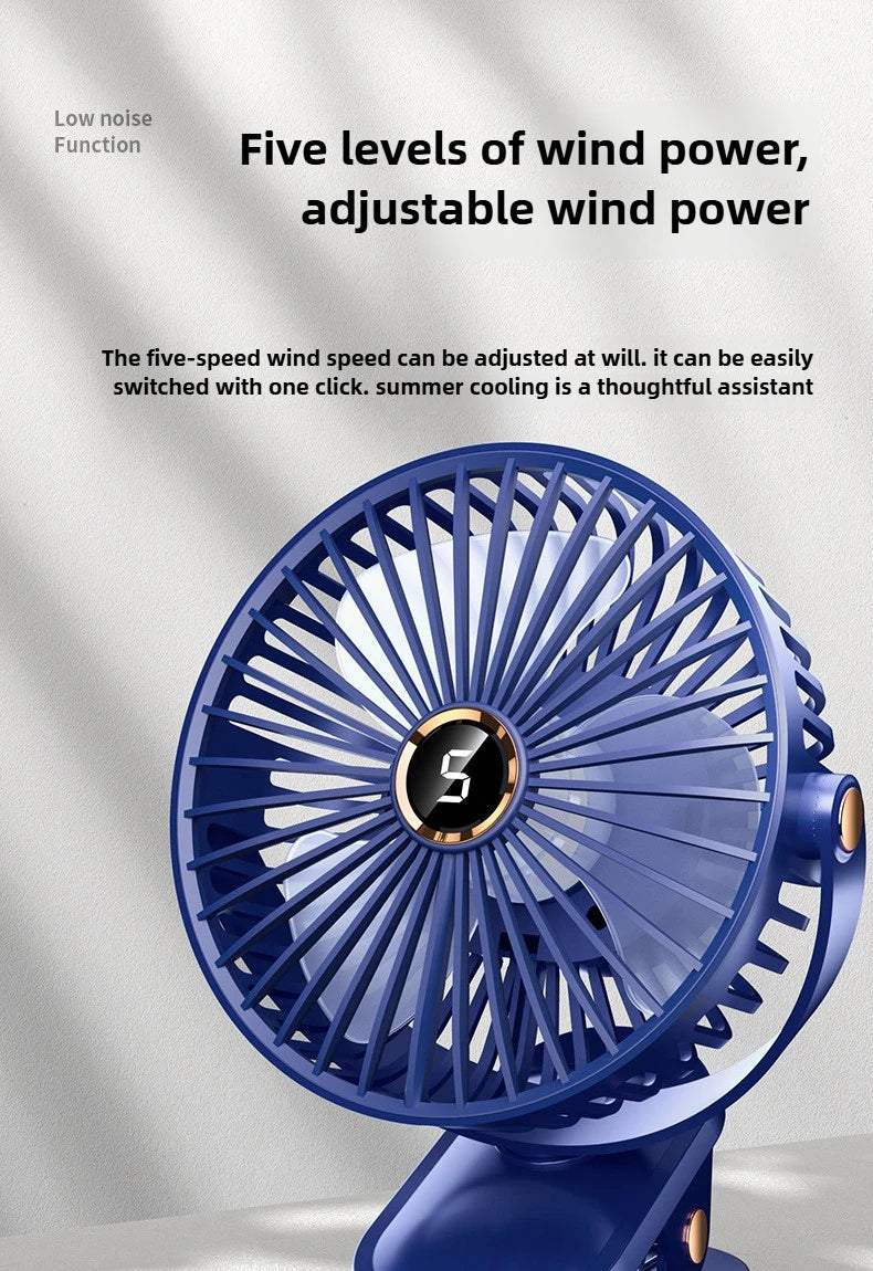 1800mAh Clip Electric Fan 5 Speed Quiet Rechargeable Desktop Portable Air Circulator Wireless Fan with LED Light Camping Fans