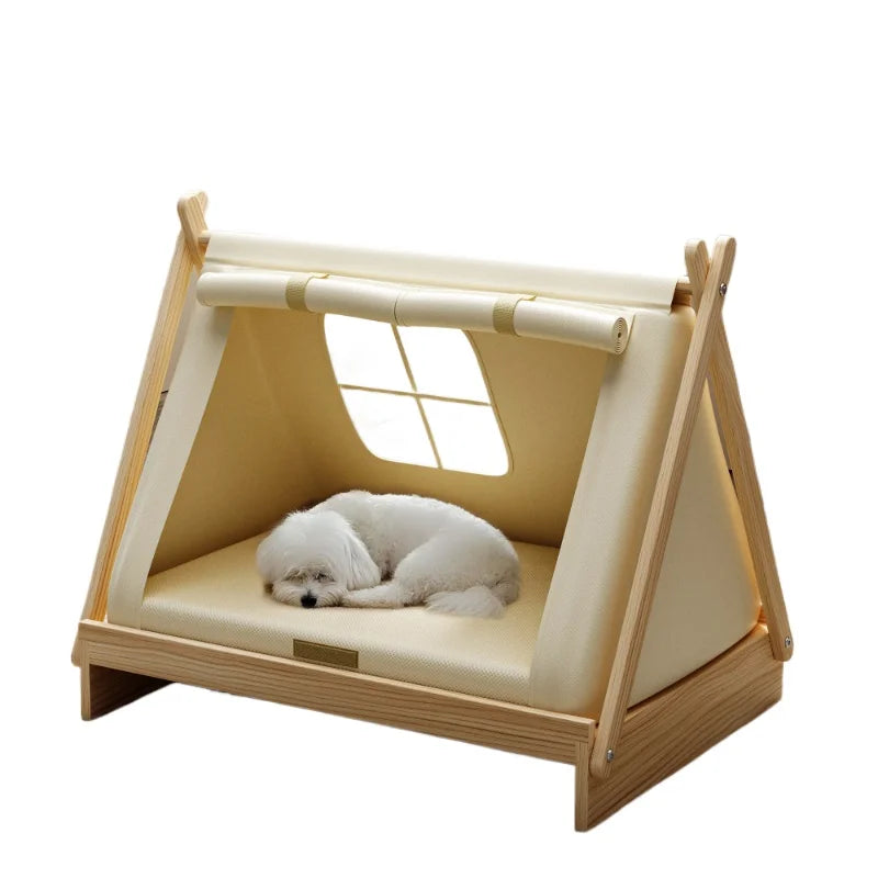Wooden Oxford Cloth Dog Bed  Elevated Moisture-Proof Tent Enclosed Safety House  All-Season  Dog Shelter with Frame Support