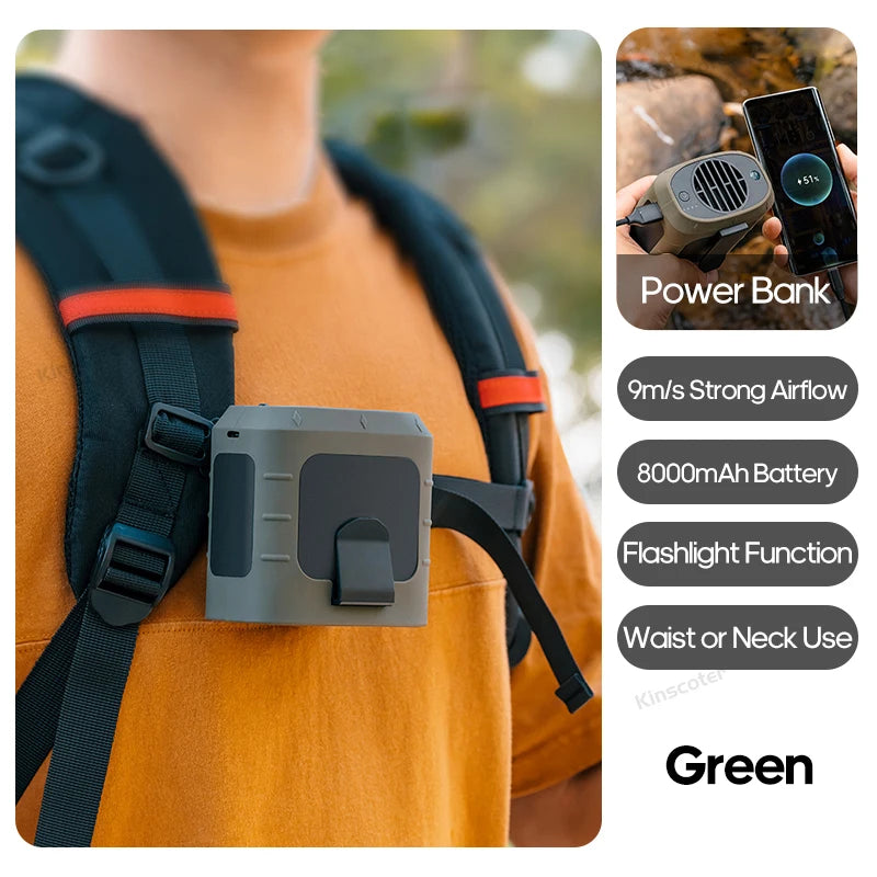 KINSCOTER Portable Outdoor Waist Fan 8000mAh LED Lighting Multifunctional Neck Fan with Power Bank for Camping Hiking Climbing