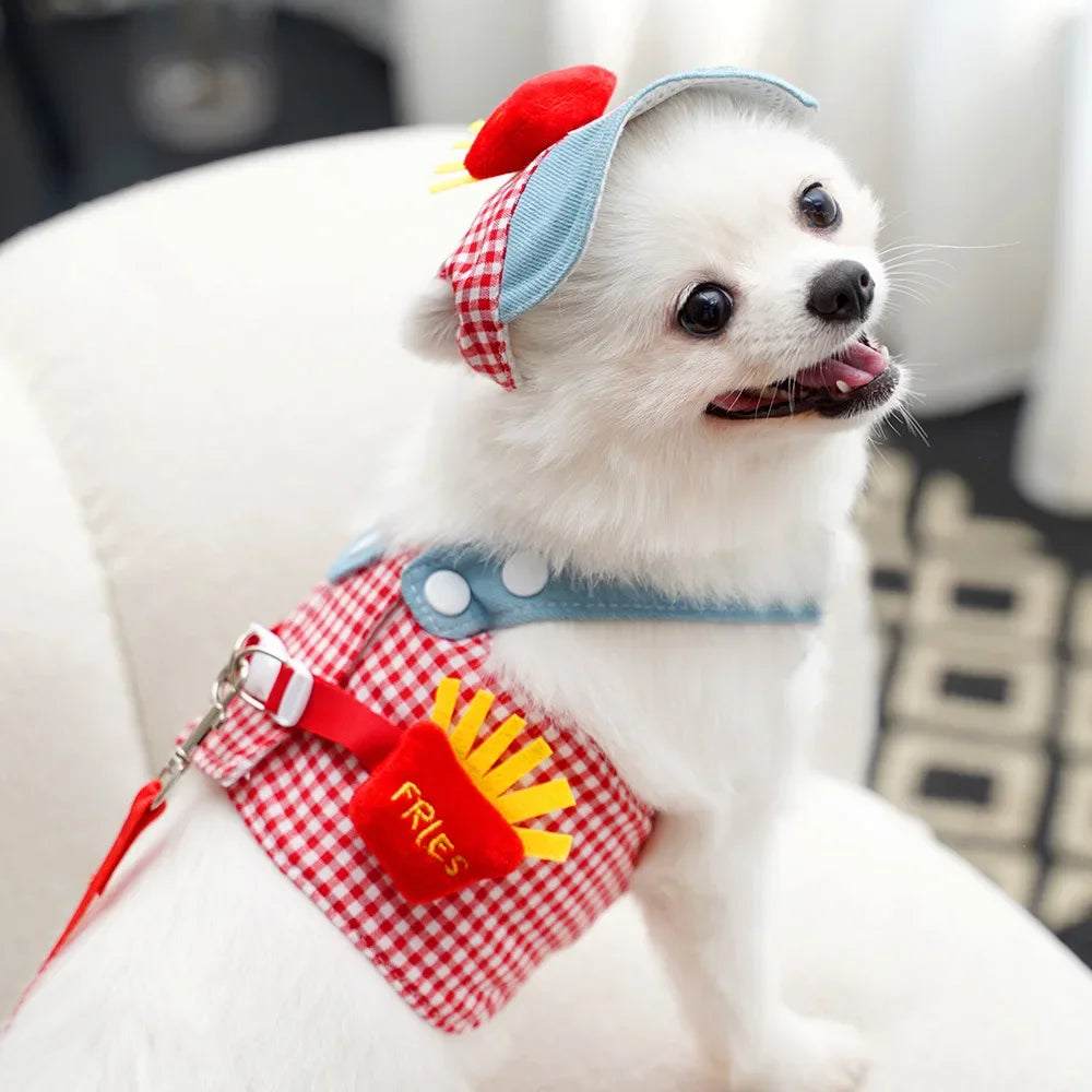 Cartoon Pet Harness Leash Sun Hat Set Cute Kitten Puppy Costume Cat Small Dogs Vest Harness Rope Cap 3pcs Outdoor Pet Supplies