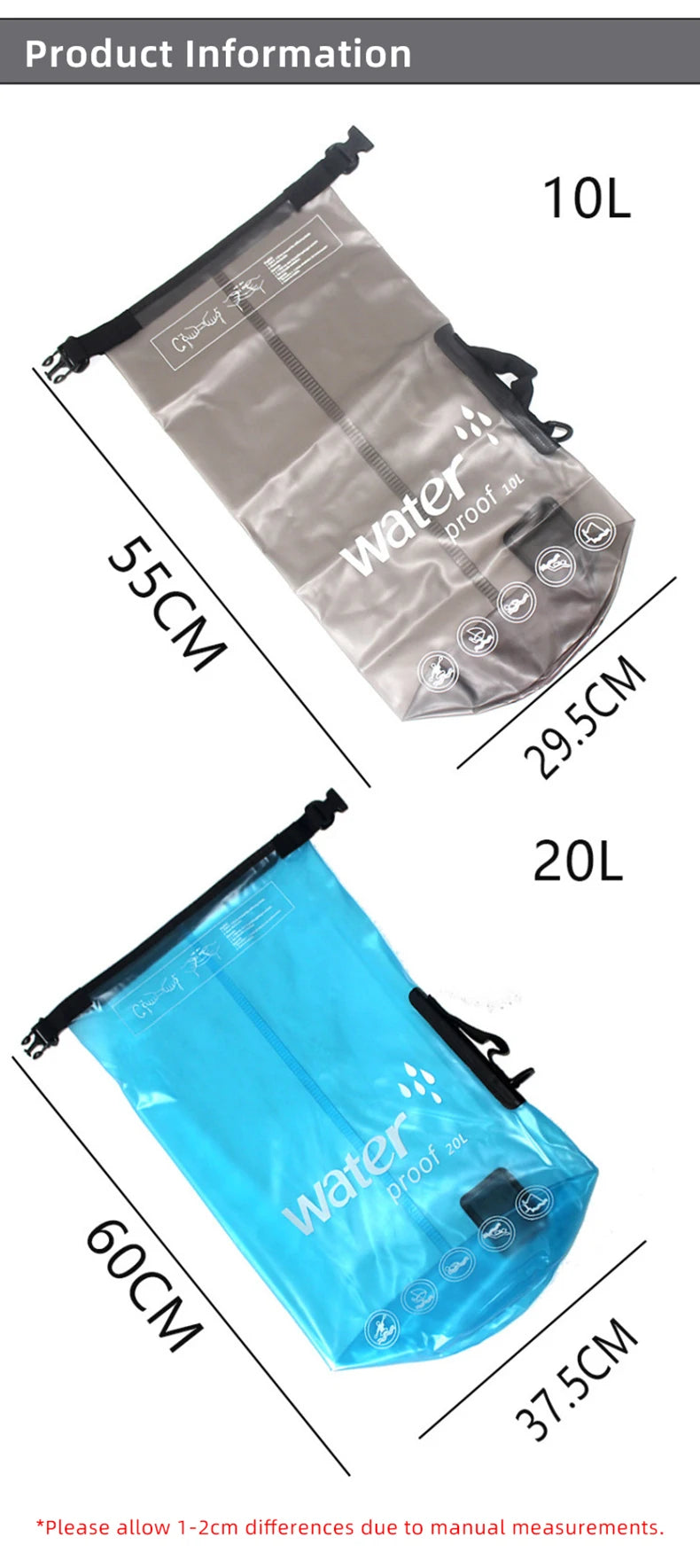 10L 20L PVC Waterproof Bag Boating Swimming Man Women Outdoor Diving Rafting Floating Ocean Water Lightweight Portable Bags