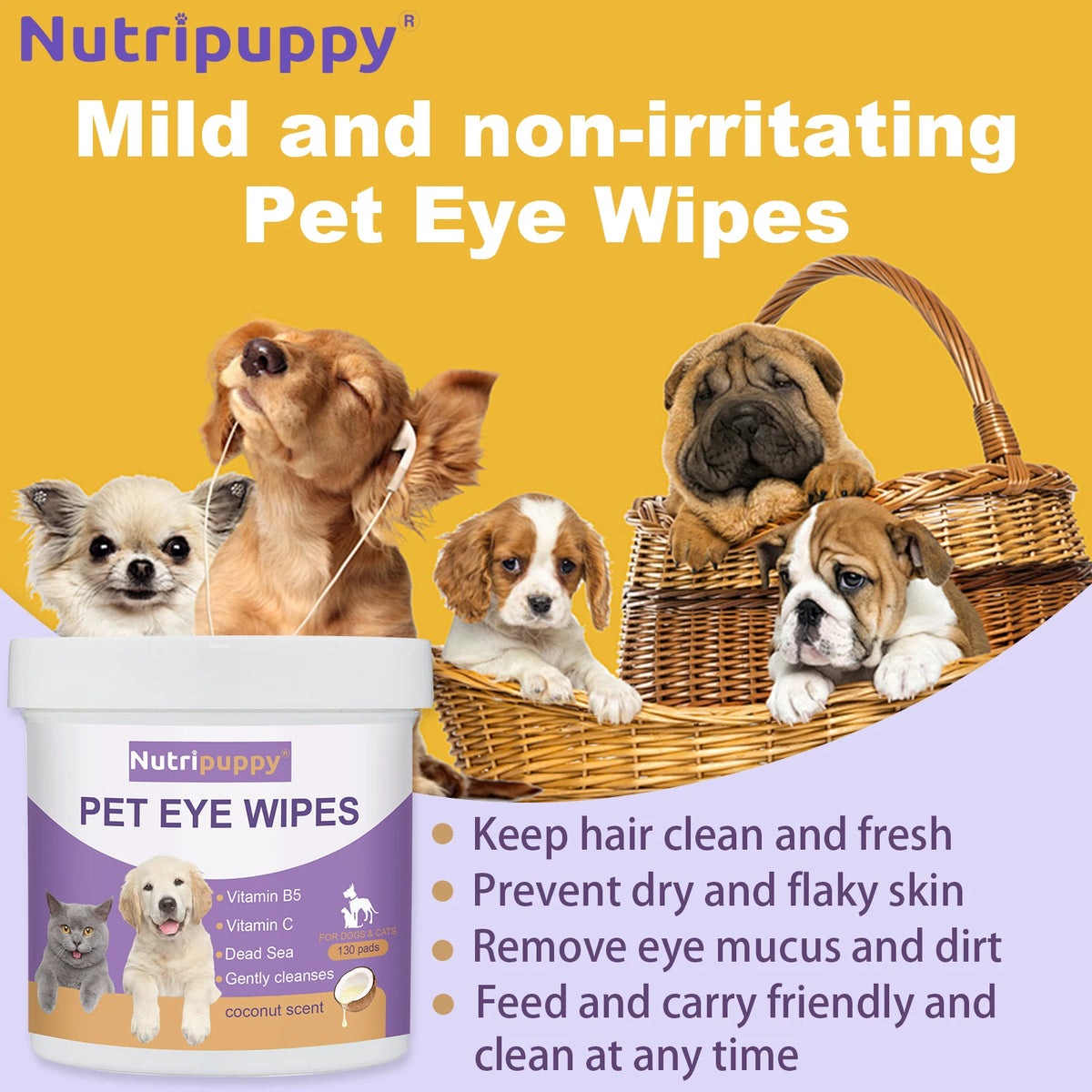 Pet Eye Cleaning Wipes for Dogs & Cats，Gentle Tear Stain Remover， Vitamins Formula | 130pcs Soft & Safe Eye Care