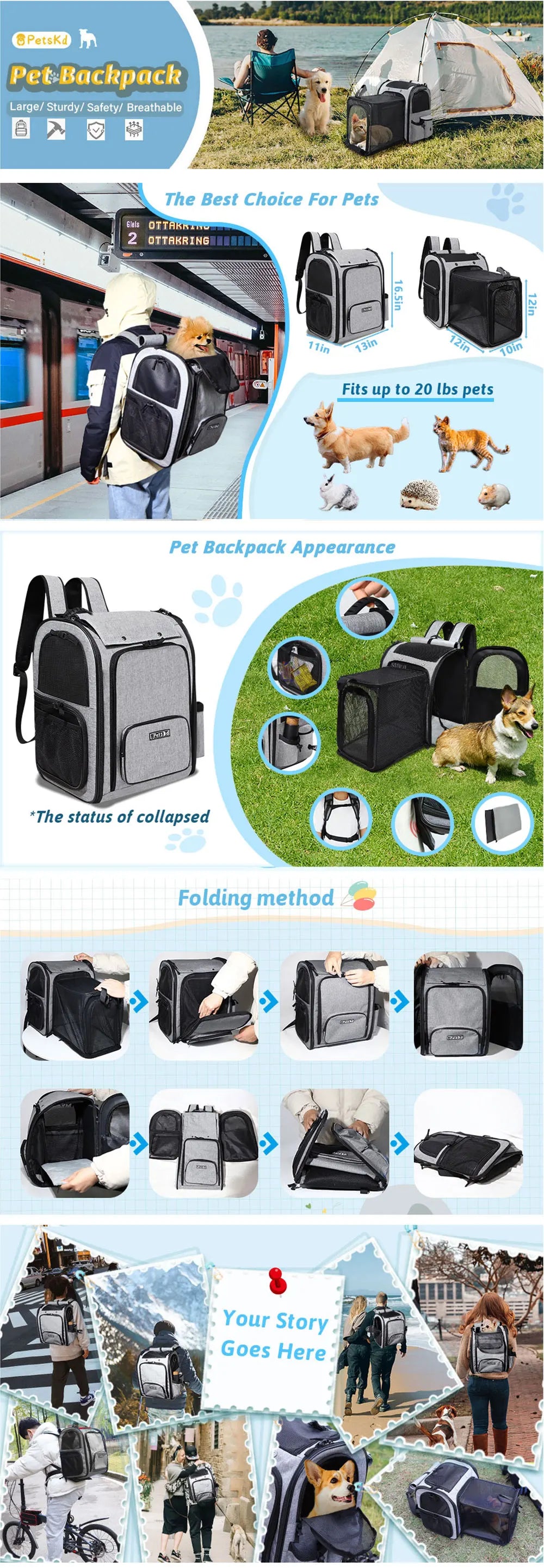 Expandable Foldable Pet Backpack - Ideal for Small Dogs and Cats, Spacious and Convenient with Zipper Closure