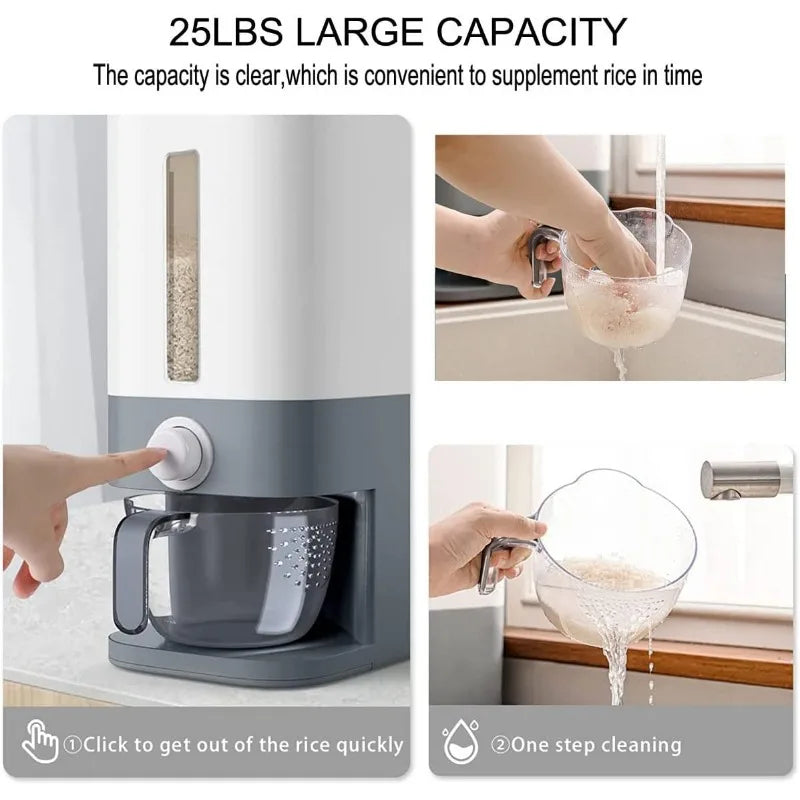 25 Lbs Rice Dispenser, Large Grain Container Storage with Lid Measuring Cylinder Moisture Proof Household Cereal Dispenser