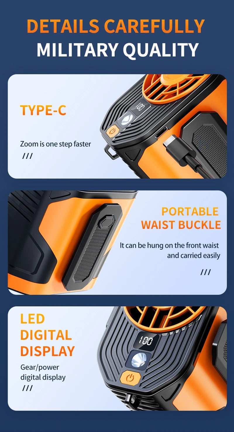 new Outdoor Portable Waist Fan Hanging Neck Fan Strong Wind Cold Air LED Lighting Waterproof For Sports Courier Outdoor