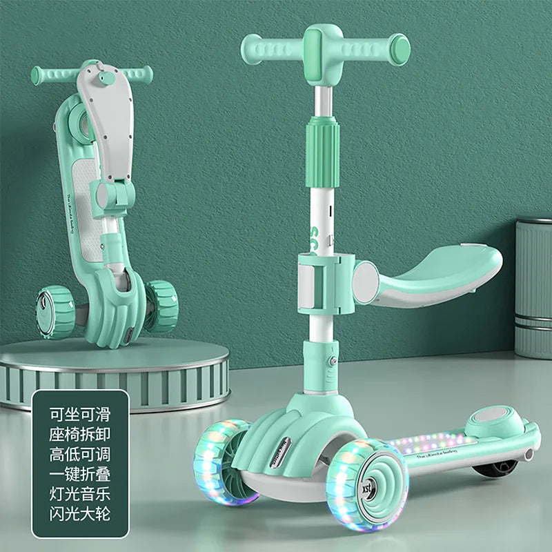 Children's Scooter Can Sit, Ride and Slide Three-in-One Foldable Scooter for Boys and Girls Kick Foot Scooter