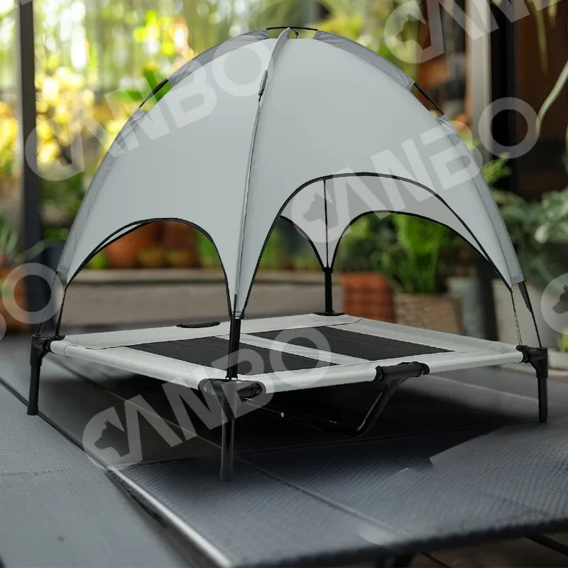 ‌Elevated Outdoor Pet Cot for Large Dogs, Heavy-Duty Frame Summer Camping Bed, Detachable Sunshade Canopy & Portable Dog Tent