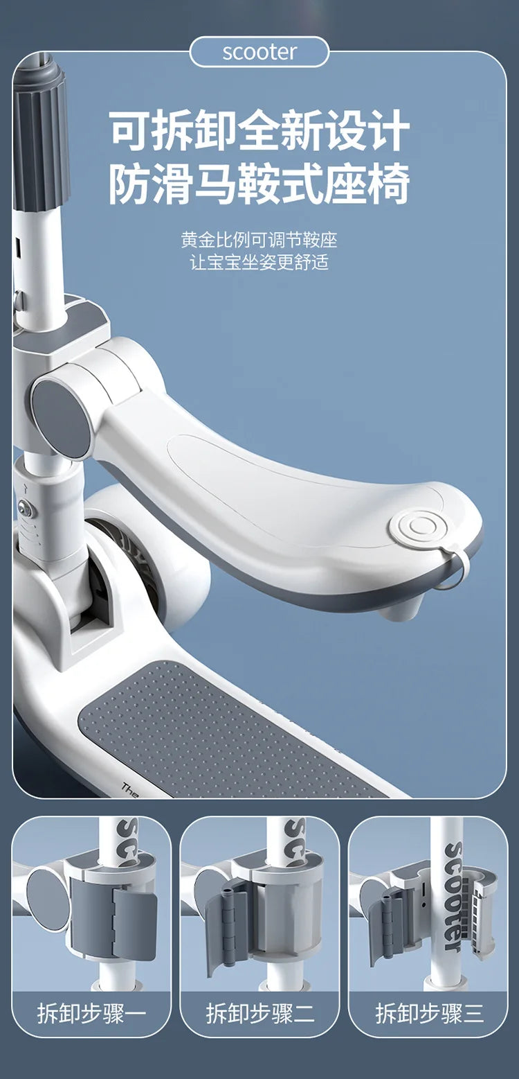Children's Scooter Can Sit, Ride and Slide Three-in-One Foldable Scooter for Boys and Girls Kick Foot Scooter