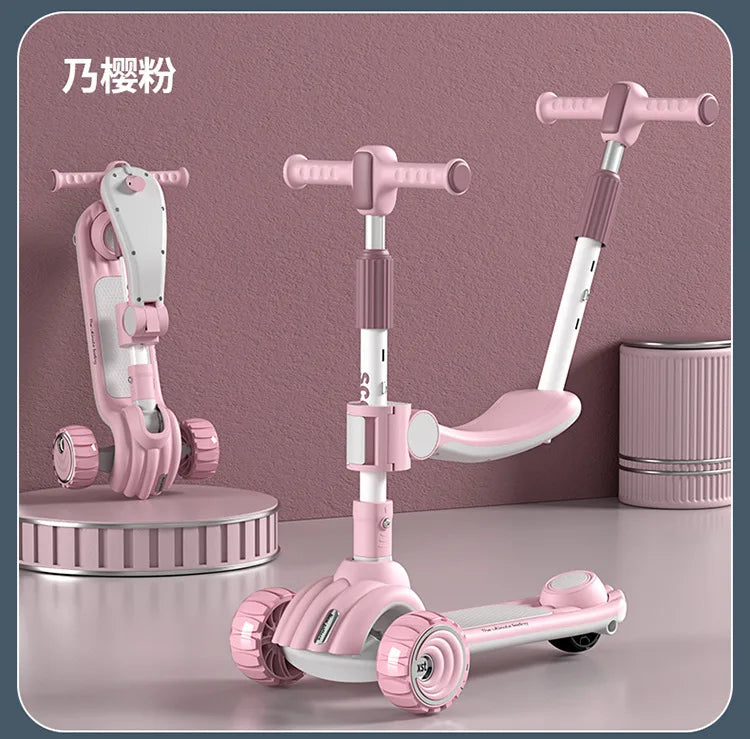 Children's Scooter Can Sit, Ride and Slide Three-in-One Foldable Scooter for Boys and Girls Kick Foot Scooter