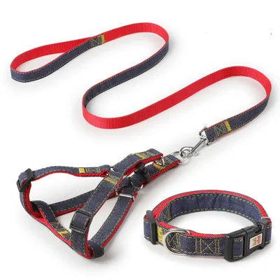 Dog Leash Harness Adjustable Collar Set Denim Pet Lead Vest for Small Medium Large Dogs Pet Cat Lead for Walking Training