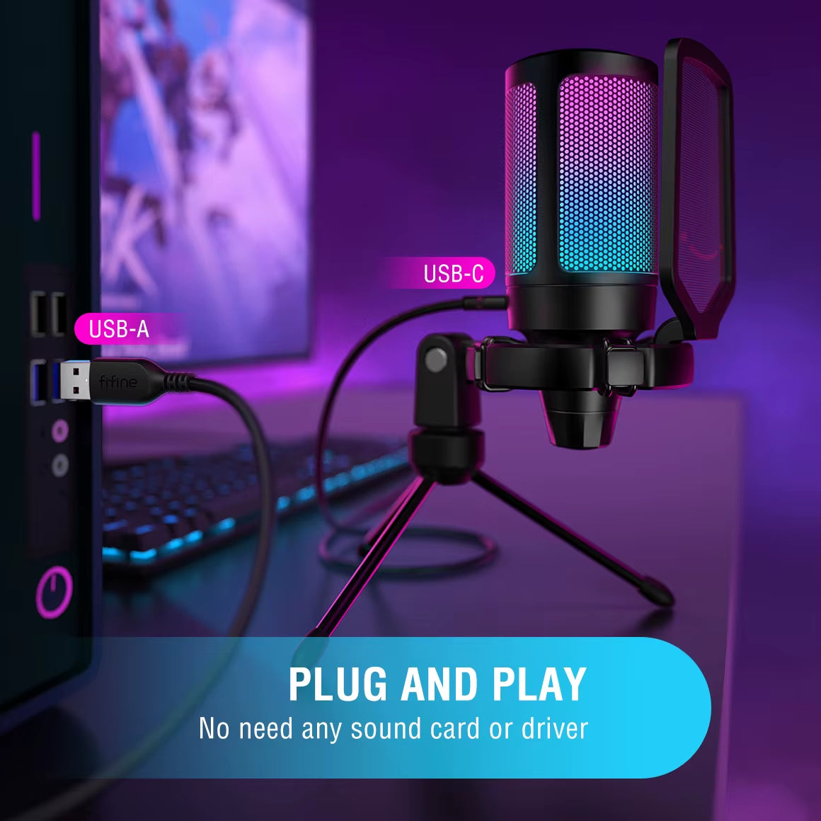 USB Condenser Gaming Microphone, for PC PS4 PS5 MAC with Pop Filter Shock Mount&Gain Control for Podcasts ,Ampligame A6V