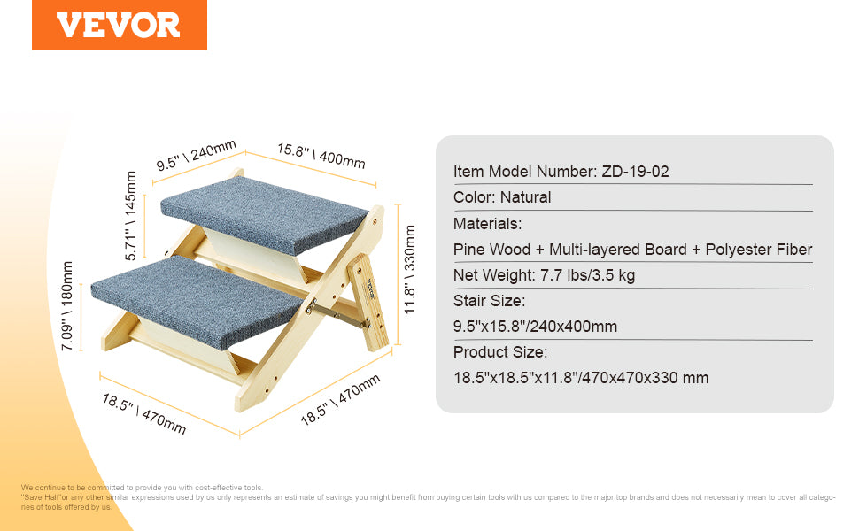 VEVOR Wooden Pet Steps and Ramp Combo 2-in-1 Design Foldable Access for Beds Steps Structure for Pets of Small to Large Size