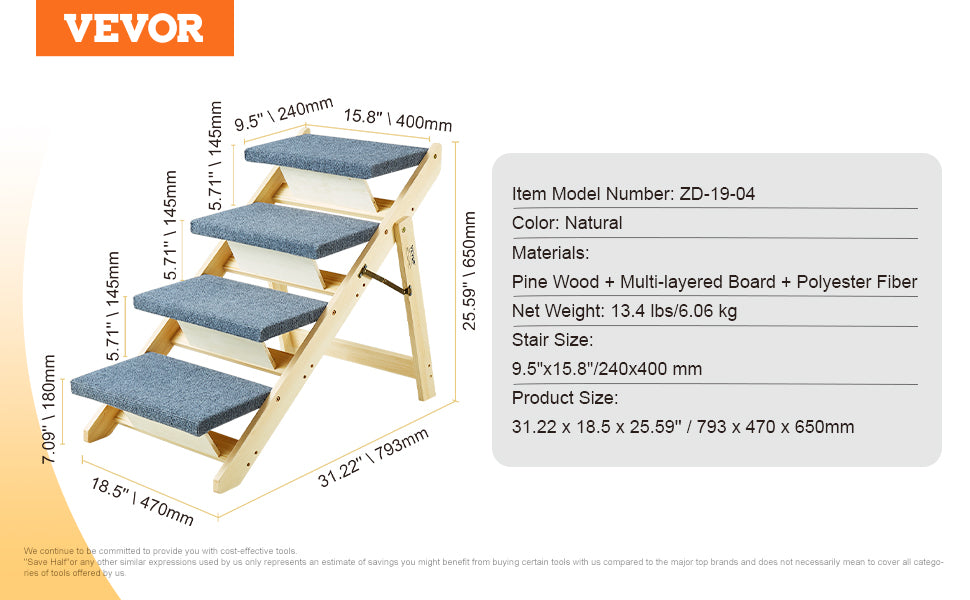 VEVOR Wooden Pet Steps and Ramp Combo 2-in-1 Design Foldable Access for Beds Steps Structure for Pets of Small to Large Size