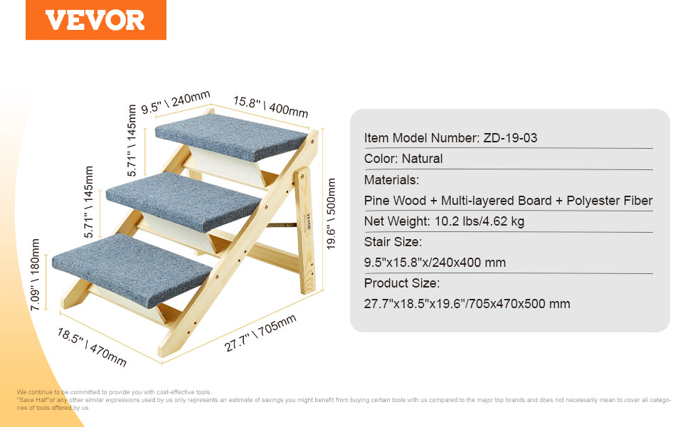 VEVOR Wooden Pet Steps and Ramp Combo 2-in-1 Design Foldable Access for Beds Steps Structure for Pets of Small to Large Size