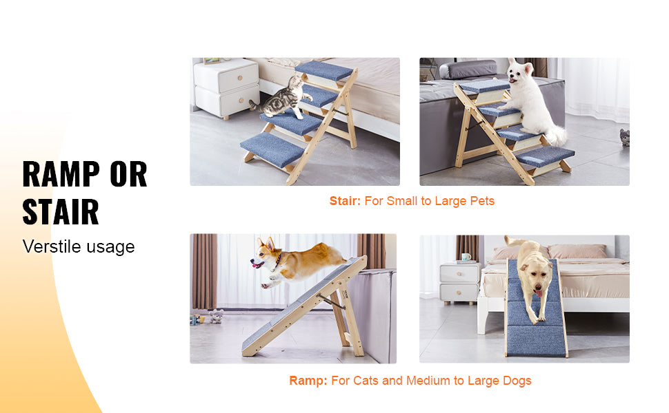 VEVOR Wooden Pet Steps and Ramp Combo 2-in-1 Design Foldable Access for Beds Steps Structure for Pets of Small to Large Size